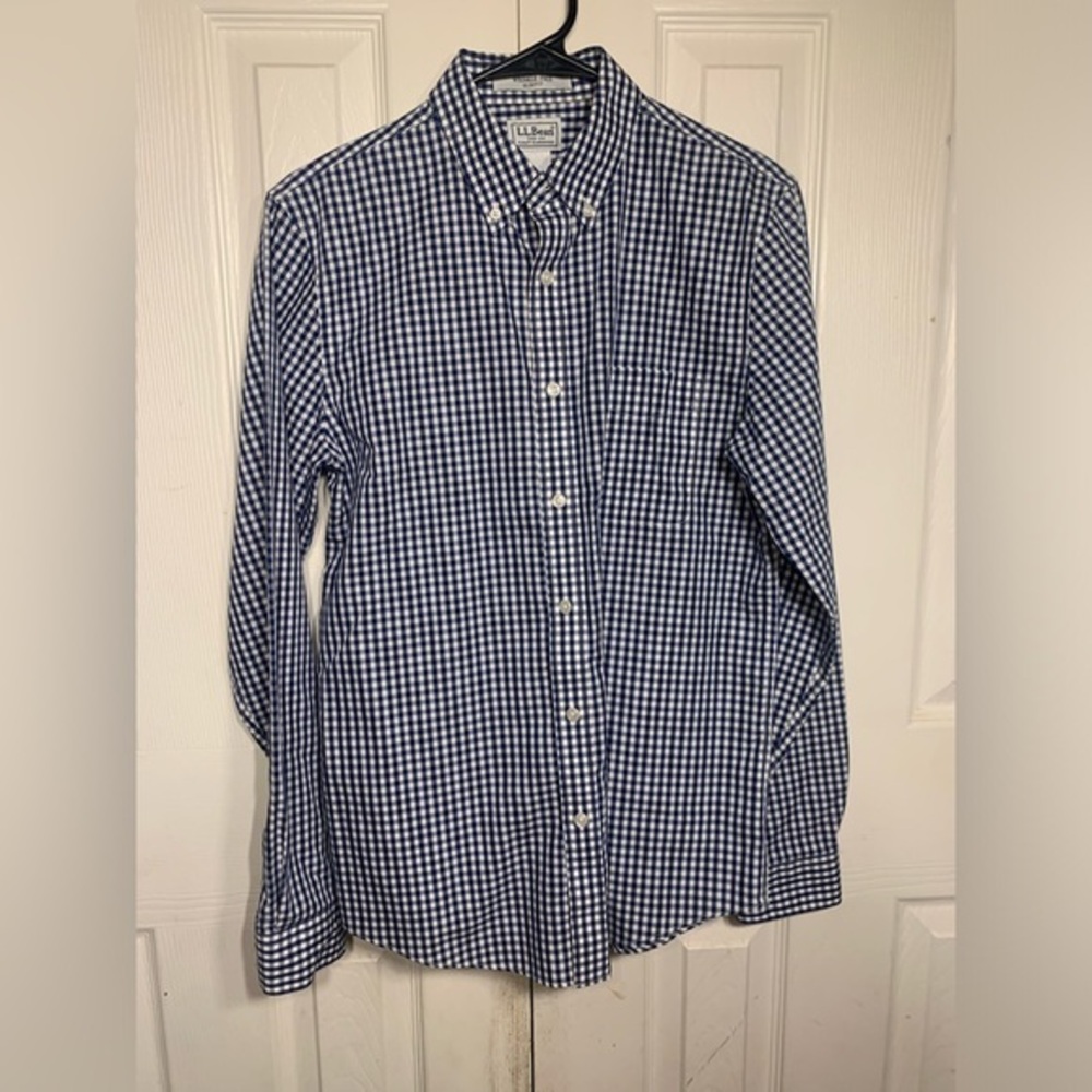 Mens Small L.L.‎ Bean White & Blue Plaid Wrinkle Free Long Sleeve Button Down